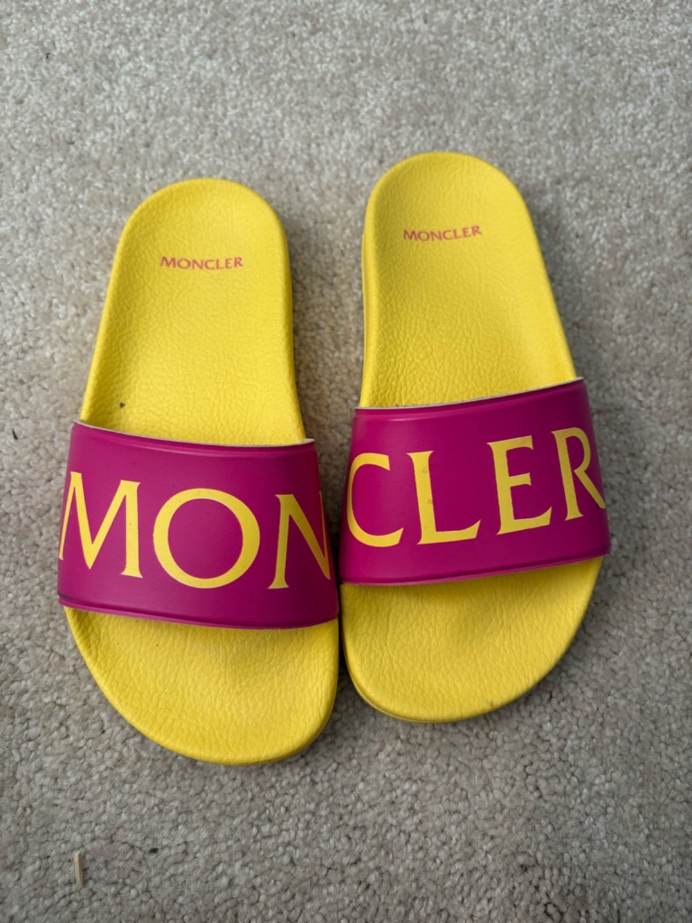 Moncler Yellow Footbed with Magenta Logo Strap Slides